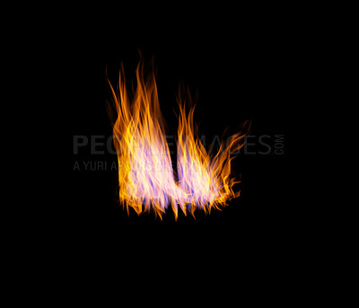 Buy stock photo Flame, heat and light on black wallpaper with texture, pattern and burning energy. Fire, fuel and color flare isolated on dark background design, orange explosion of thermal power and inferno glow.