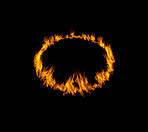 Circle flame, heat and light on black background with texture, pattern and burning energy. Orange fire, fuel and flare isolated on dark wallpaper design with sun explosion, thermal power or inferno.