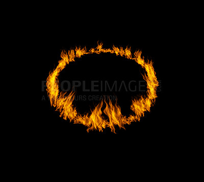 Buy stock photo Circle flame, heat and light on black background with texture, pattern and burning energy. Orange fire, fuel and flare isolated on dark wallpaper design with sun explosion, thermal power or inferno.