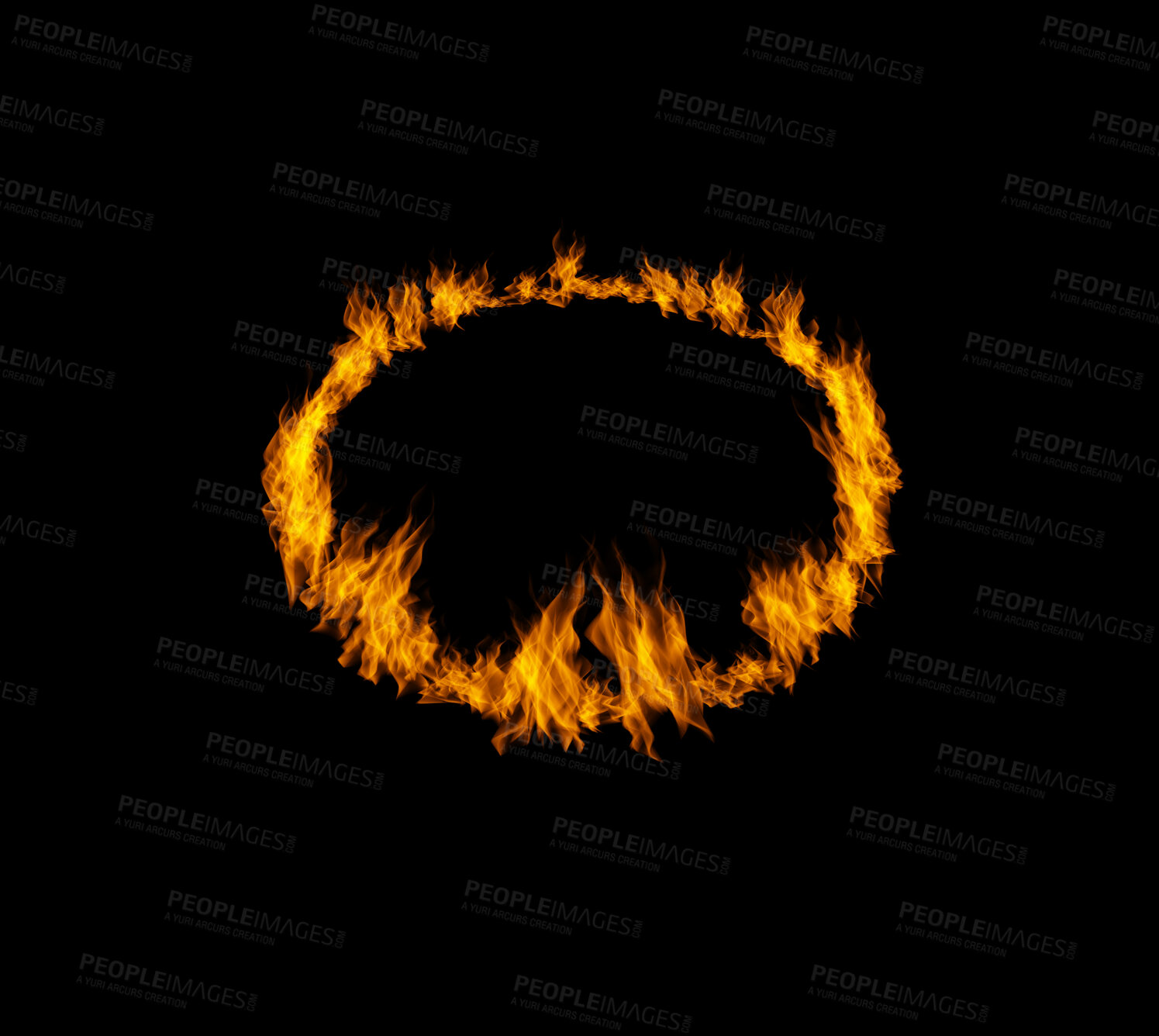 Buy stock photo Circle flame, heat and light on black background with texture, pattern and burning energy. Orange fire, fuel and flare isolated on dark wallpaper design with sun explosion, thermal power or inferno.