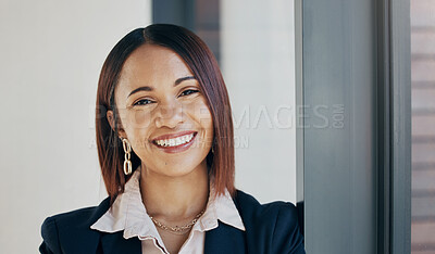 Buy stock photo Portrait, office and business woman with smile by window for ideas, career opportunity and job. Professional, happy and face of worker in workplace with confidence, ambition and success mindset
