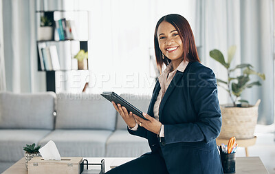 Buy stock photo Smile, tablet and portrait of businesswoman in office with positive, good and confident attitude. Happy, creative career and young female designer from Colombia with technology in a modern workplace.