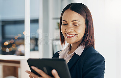 Buy stock photo Woman in office with smile, tablet and reading email, HR schedule or report online for feedback. Internet, networking and communication on digital app, happy businesswoman at human resources agency. 