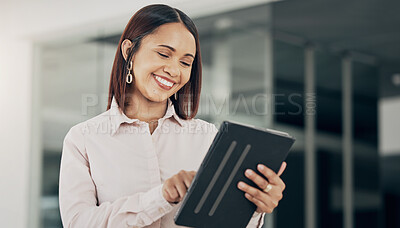 Buy stock photo Happy businesswoman in office with, tablet and scroll on email, HR schedule or online for feedback. Internet, networking and communication on digital app, woman with smile at human resources agency. 