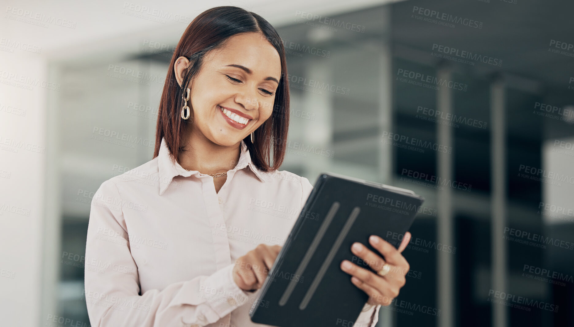 Buy stock photo Happy businesswoman in office with, tablet and scroll on email, HR schedule or online for feedback. Internet, networking and communication on digital app, woman with smile at human resources agency. 