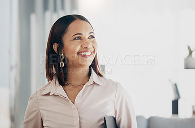 Buy stock photo Smile, happy and businesswoman in the office with confident, good and positive attitude. Happiness, ambition and professional female lawyer or attorney from Colombia standing in modern workplace.