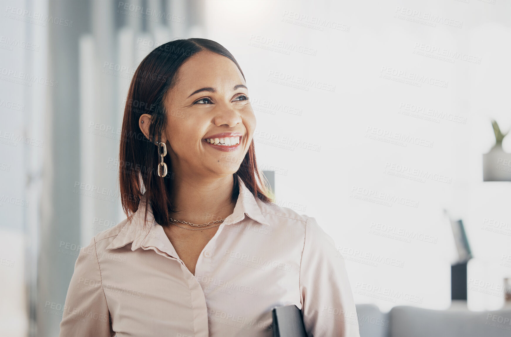 Buy stock photo Smile, happy and businesswoman in the office with confident, good and positive attitude. Happiness, ambition and professional female lawyer or attorney from Colombia standing in modern workplace.