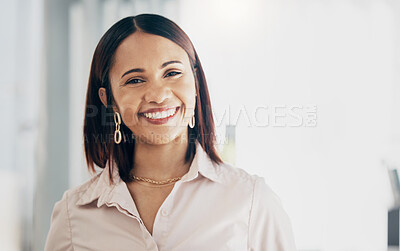Buy stock photo Happy, office and portrait of business woman with smile for career, job and work opportunity. Corporate, professional and face of employee with confidence, company pride and ambition for success
