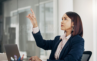 Buy stock photo Press, laptop and corporate woman in virtual metaverse for online presentation or software connection in an office. Planning, internet and employee in a tech startup working digital strategy