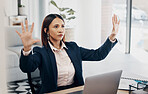 Invisible screen, hands and woman in office with virtual, tech and futuristic hologram for ai or programming work in business Cyber, ux and entrepreneur in corporate workplace with vr dashboard
