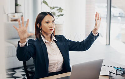 Buy stock photo Invisible screen, hands and woman in office with virtual, tech and futuristic hologram for ai or programming work in business Cyber, ux and entrepreneur in corporate workplace with vr dashboard
