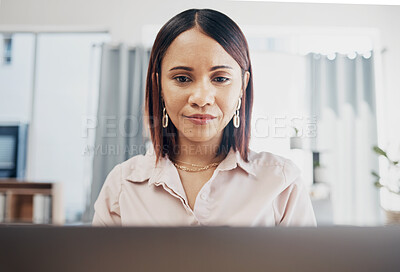 Buy stock photo Web designer, laptop and business woman with data project proposal online in a office. Update report, female professional and work on a computer with typing and tech job research for website analysis
