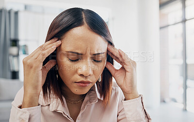 Buy stock photo Business, stress and woman with burnout, headache and depression with a deadline, pressure and pain. Person, worker and employee with migraine, tired or mental health with tension, fatigue or anxiety