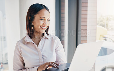 Buy stock photo Happy woman at office window thinking with laptop, research or ideas for HR schedule and online feedback. Internet, networking and website search, businesswoman with smile at human resources agency.