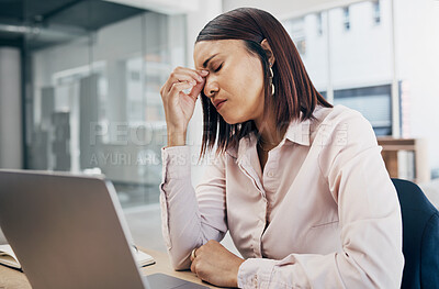 Buy stock photo Business, laptop and woman with pain, headache and frustrated with crisis, anxiety and stress. Person, entrepreneur or employee with a pc, migraine and mental health with tension, fatigue and burnout