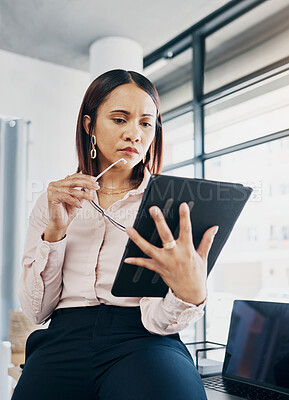 Buy stock photo Woman in workplace with tablet, thinking and reading review online, HR schedule or email for feedback. Research, networking and communication on digital app, businesswoman at human resources agency.