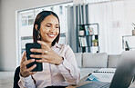 Smartphone, smile and businesswoman in the office typing an email or networking on internet. Communication, technology and professional female designer doing creative research on a phone and computer