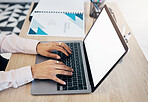 Laptop screen, hands and office person typing administration work, secretary project or company web report. UI Mockup space, tech closeup and receptionist working on research info, schedule or agenda