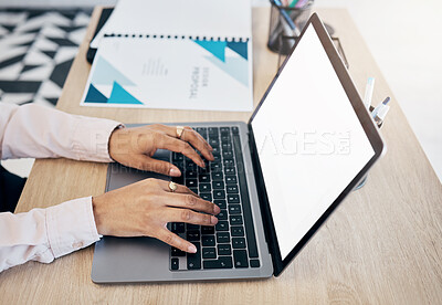 Buy stock photo Laptop screen, hands and office person typing administration work, secretary project or company web report. UI Mockup space, tech closeup and receptionist working on research info, schedule or agenda