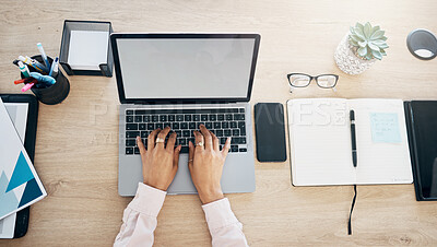 Buy stock photo Laptop screen, secretary hands and person typing administration work, online project or web report. Graphic Mockup space, top view closeup and receptionist search website, agency schedule or agenda