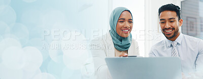 Buy stock photo Mockup, talking or happy business people with laptop for planning or networking on social media in agency. Smile, space or team speaking of website to research online for technology update on blog 