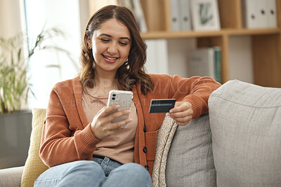 Buy stock photo Home, woman and cellphone with credit card, online shopping and investment in a lounge. Person, girl and consumer on a sofa, smartphone and banking with payment, finance and ecommerce with budget