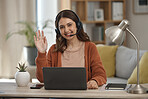 Portrait, wave and remote call center with a woman in her home for customer service consulting. Smile, communication and headset with a happy young freelance employee working on a laptop for support