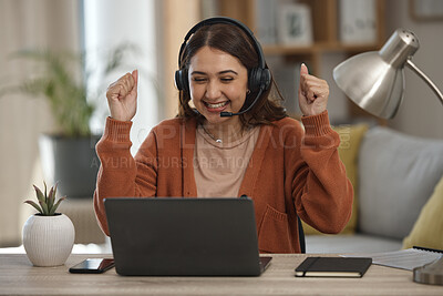 Buy stock photo Happy woman, laptop and fist pump in call center, celebration or winning promotion in remote work at home. Excited female person, consultant or agent freelancer smile for discount, sale or target