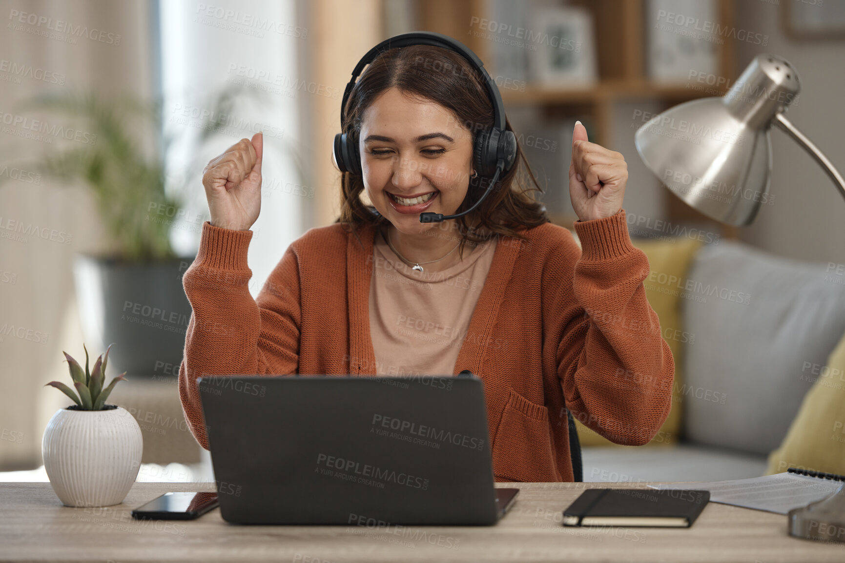 Buy stock photo Happy woman, laptop and fist pump in call center, celebration or winning promotion in remote work at home. Excited female person, consultant or agent freelancer smile for discount, sale or target