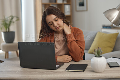 Buy stock photo Woman, neck pain and student with laptop, muscle tension or burnout with tech glitch, fatigue and anxiety about exam. Spine, health fail and mistake, college website error or 404 with stress at home