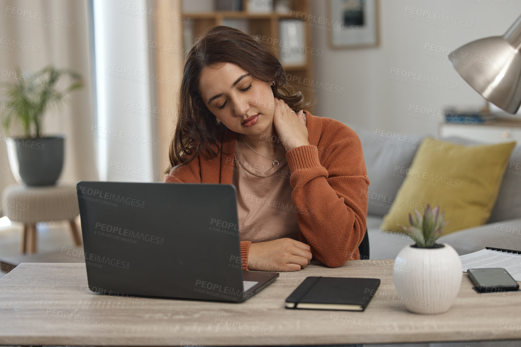 Buy stock photo Woman, neck pain and student with laptop, muscle tension or burnout with tech glitch, fatigue and anxiety about exam. Spine, health fail and mistake, college website error or 404 with stress at home