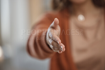 Buy stock photo Handshake, welcome or thank you with hiring, support with introduction or congratulations closeup. Partnership, solidarity and commitment, onboarding and person shaking hands with recruitment 