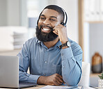 Call center, laptop and man, consultant or business agent for information technology, software support or helping. Communication, IT worker or african person in portrait for virtual online consulting