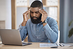 Business man, headache and stress on laptop for stock market crash, financial mistake or bad investment. Tired african trader with depression, pain or confused for trading decision or office crisis