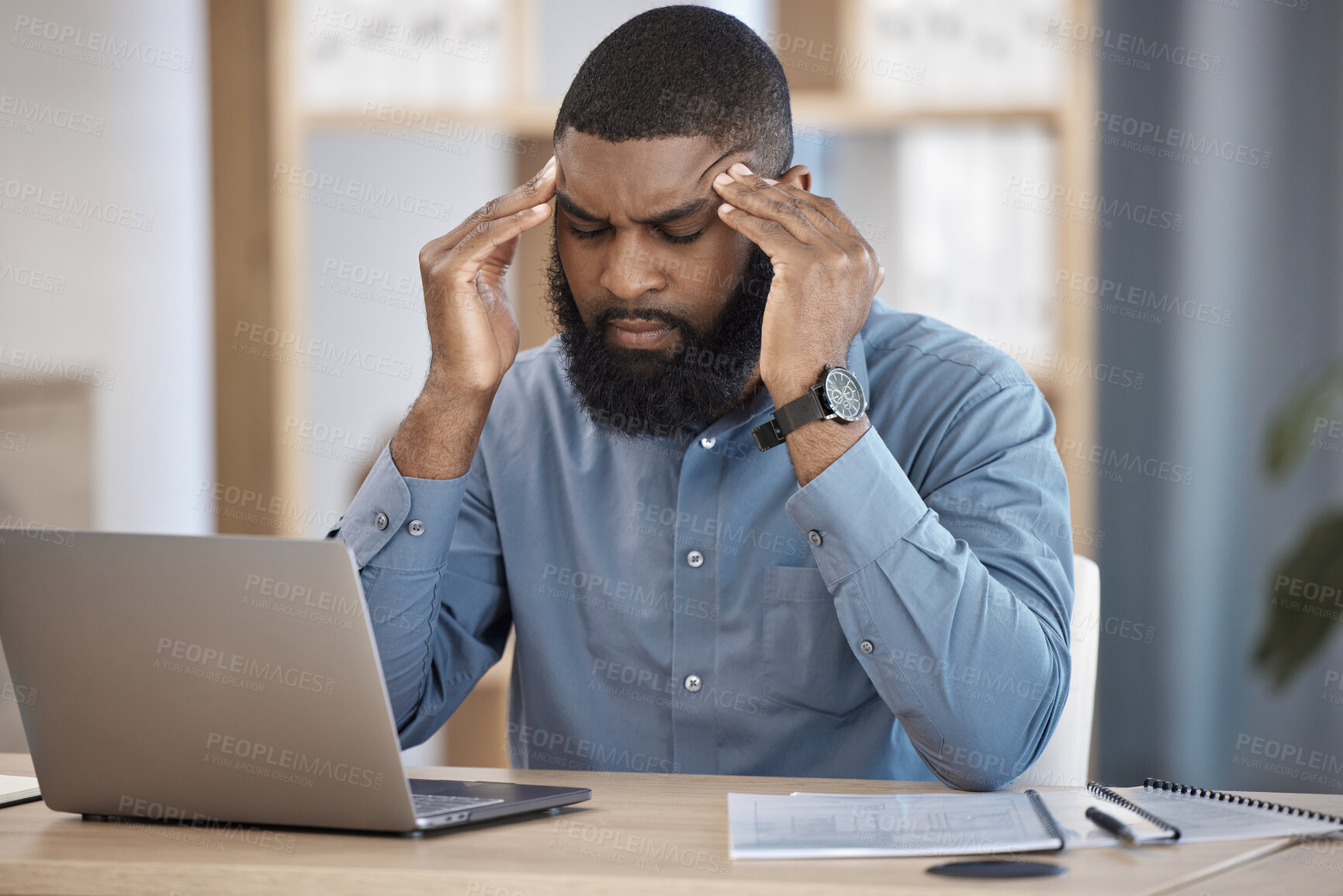 Buy stock photo Business man, headache and stress on laptop for stock market crash, financial mistake or bad investment. Tired african trader with depression, pain or confused for trading decision or office crisis