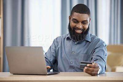 Buy stock photo Business man, credit card and laptop for office online shopping, e commerce payment and happy loan. African employee on computer for web banking, financial investment or registration for debit order