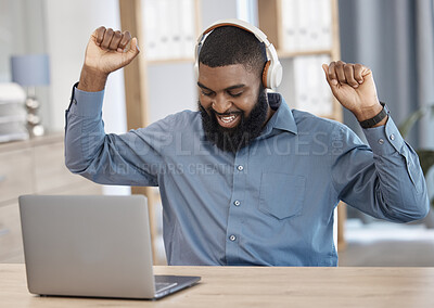 Business man, success and laptop, headphones or listening to news or announcement of bonus, profit or sales. Professional african employee dance to music or excited for winning and goals on computer