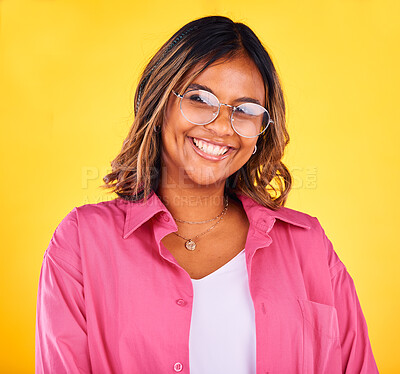 Buy stock photo Happy, fashion and portrait of woman on yellow background with smile, confidence and cosmetics. Beauty, style and face of person with glasses in trendy clothes, stylish outfit and makeup in studio