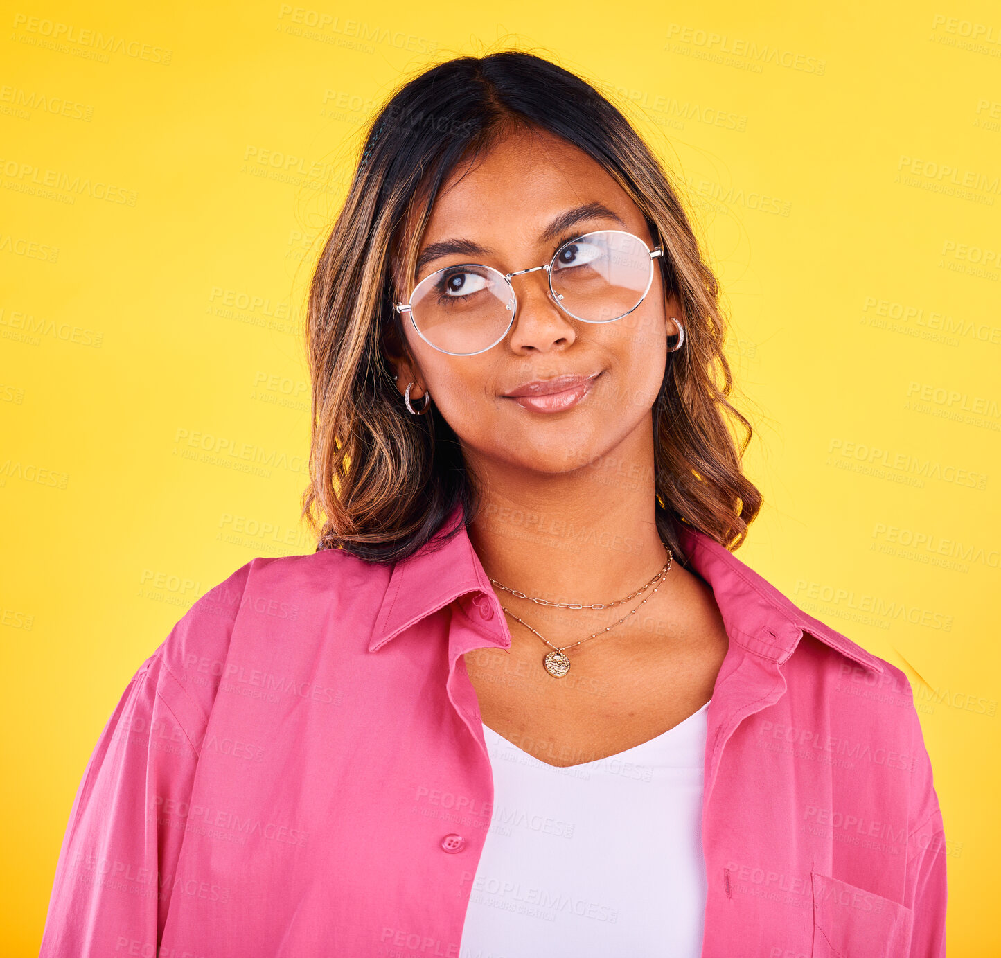 Buy stock photo Thinking, fashion and face of woman on yellow background with ideas, confidence and thought. Beauty, style and isolated person with attitude in trendy clothes, stylish outfit and glasses in studio