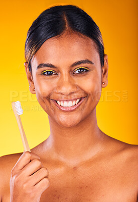 Buy stock photo Woman, smile and portrait for dental, toothbrush and teeth for health, happy and hygiene by studio background. Person, treatment and whitening or clean, oral and brushing teeth for wellness in mouth