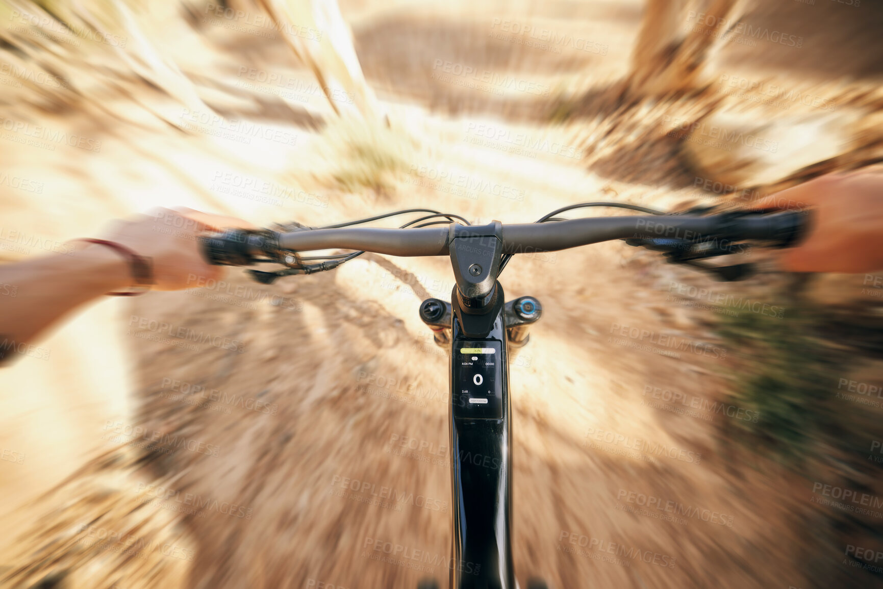 Buy stock photo POV, mountain bike and cycling, man with speed for sports and training in fast adventure. Professional dirt race action, off road bicycle handlebars at competition or performance challenge in woods.