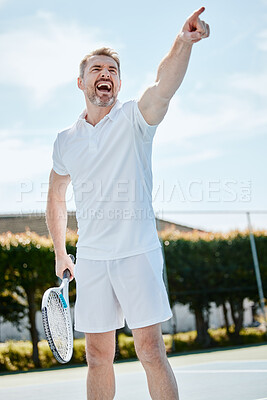 Buy stock photo Tennis, point and game with a sports man on a court, playing a match for competition in summer. Racket, ball and winner with a mature athlete outdoor for fitness, training or hobby for recreation