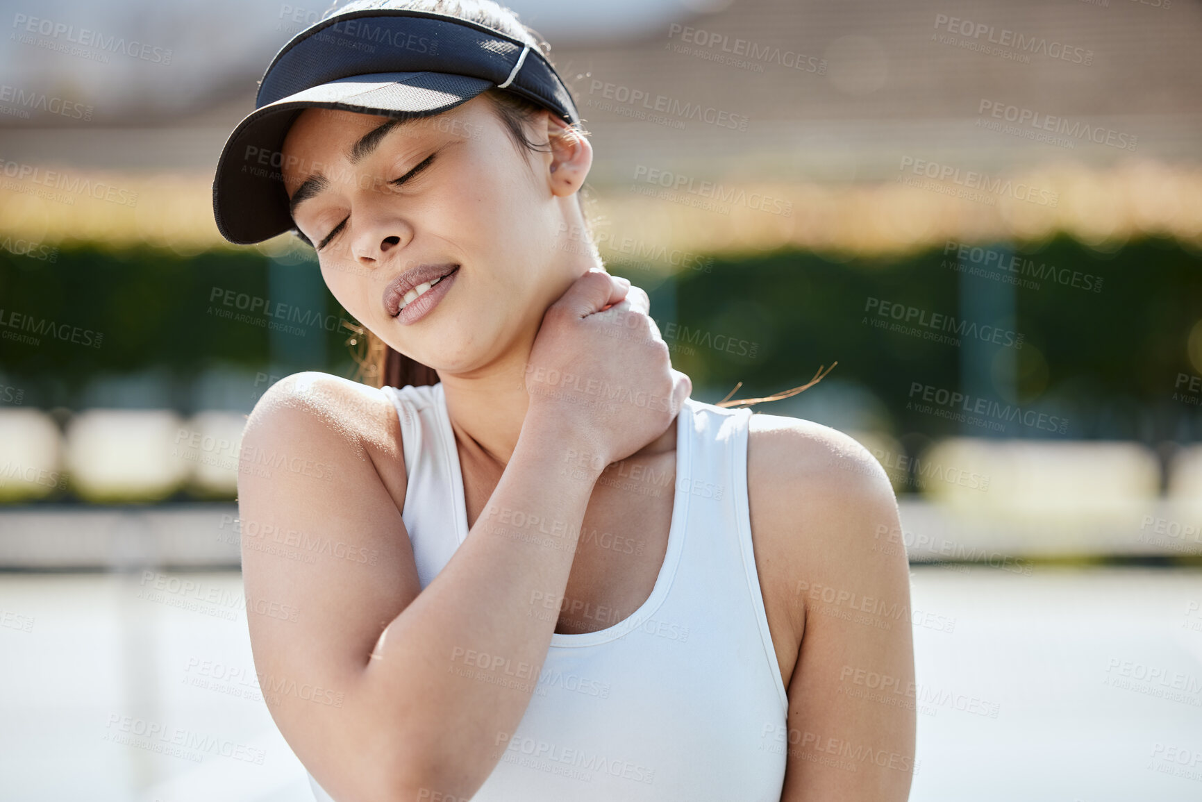 Buy stock photo Neck pain, tennis woman and injury, fitness and athlete outdoor, medical emergency and joint inflammation. Health, wellness and tension in spine on court, sport accident and hurt with fibromyalgia
