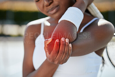 Buy stock photo Elbow pain, black woman has fitness injury and tennis athlete outdoor with medical emergency and red overlay. Health, inflammation and sport accident, anatomy glow for muscle tension and osteoporosis