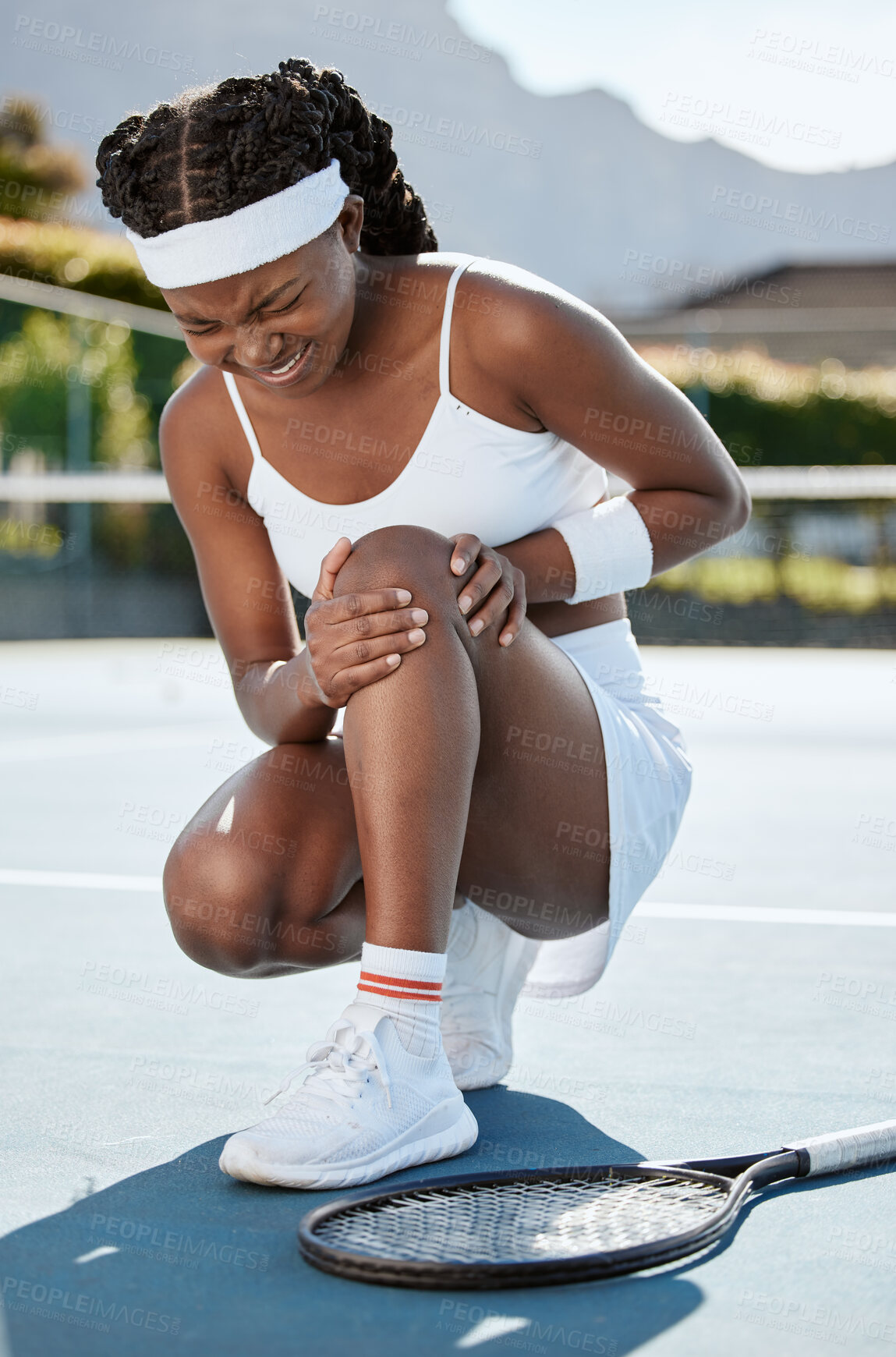 Buy stock photo Sports, tennis and black woman with knee injury, medical crisis or first aid problem, mistake or broken leg, joint pain or risk. Hurt African player, court and workout accident from training practice