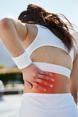 Buy stock photo Back pain, woman with injury and fitness, tennis athlete outdoor with medical emergency, red overlay and inflammation. Health, wellness and sport accident, anatomy glow with spine or muscle tension