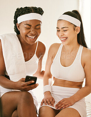 Buy stock photo Tennis, smile and women with a smartphone, typing and funny with connection, network and meme. People, players and friends with a cellphone, digital app and social media with digital app and post