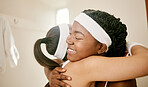 Happiness, women and hug in locker room for training and celebration with fitness, sports and workout. Support, black girl and friend embrace for motivation and smile with performance and lifestyle
