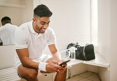 Buy stock photo Happy man, tennis and phone in social media for communication, networking or online search. Male person, athlete or player smile for texting, typing or chatting on mobile smartphone or sports app