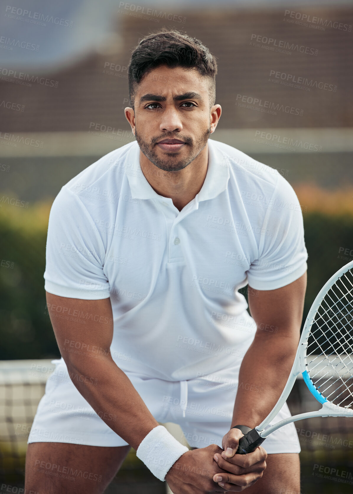 Buy stock photo Outdoor, athlete and portrait of man in tennis, competition or game on court with training, exercise or workout. Sports, player or person with serious fitness mindset in healthy match or tournament